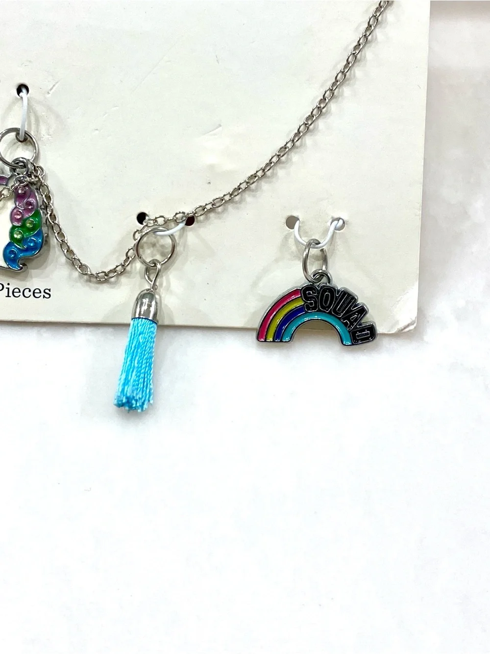 Cat & Jack Silver Charm Necklace with Pink Star, Blue Tassel & Rainbow